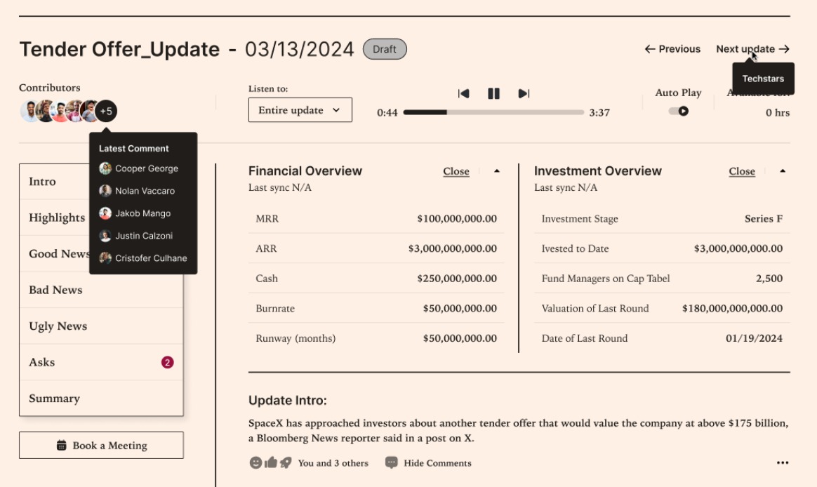 Team Automation and Investor Update Platform Results